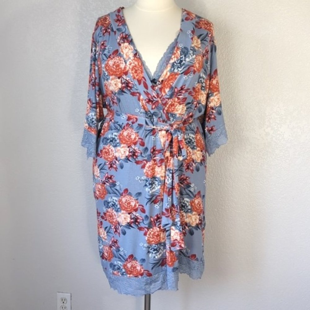 City Chic Size 18 Robe & Chemise Set Cottagecore Blue Floral Lace Trim